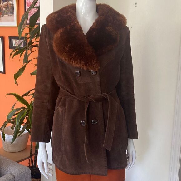 Vintage 70's Chocolate Brown Suede Leather Penny Lane Coat with Faux Fur Collar - Picture 3 of 15